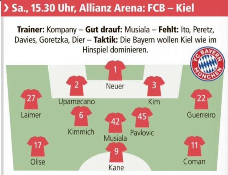 德媒預測拜仁首發：萊默爾、格雷羅左右邊後衛，基米希回歸中場